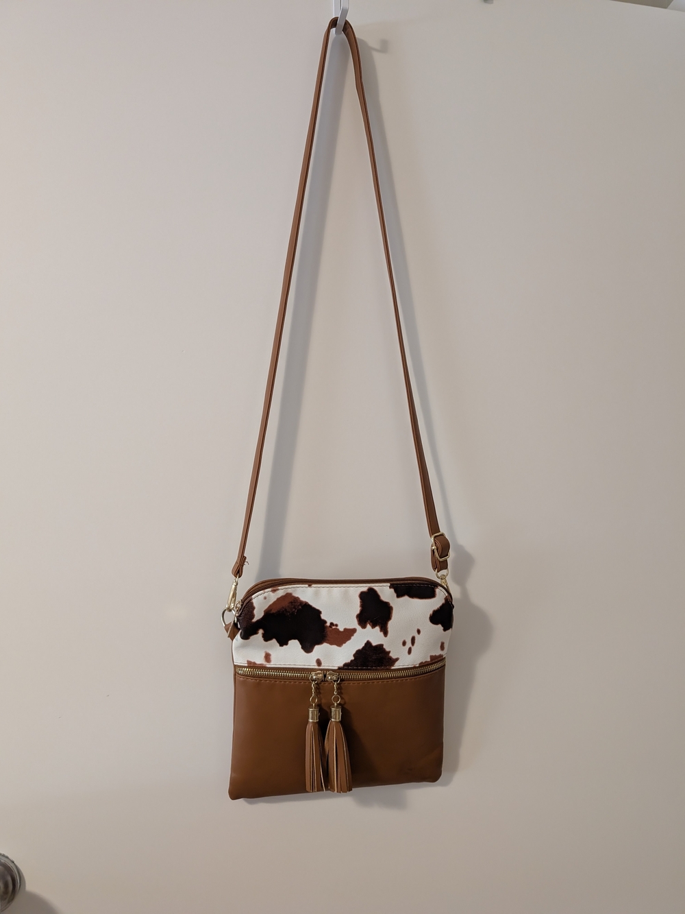 SHEIN Cow Print Western Crossbody Bag Brown Tassel Purse